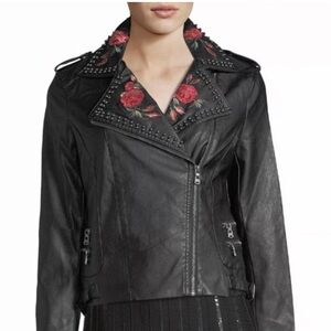 Groovy Monkey Embroidered Faux Leather Floral Moto Jacket with Studs